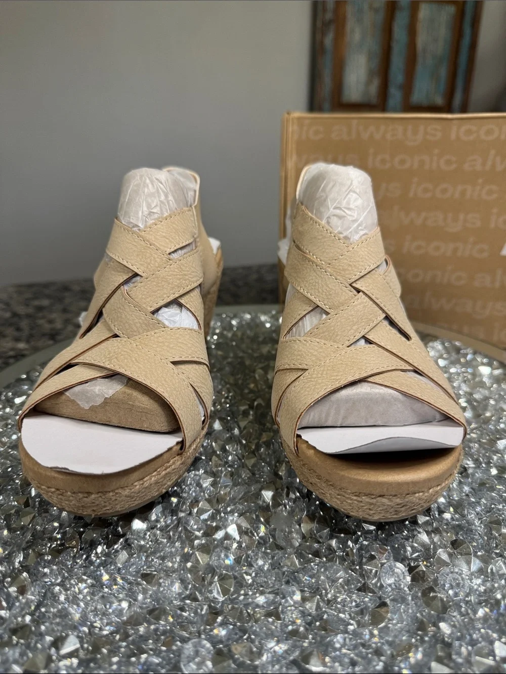 Dr. Scholl's Everlasting leather tan Woven Espadrille Wedge Sandals NEW 8